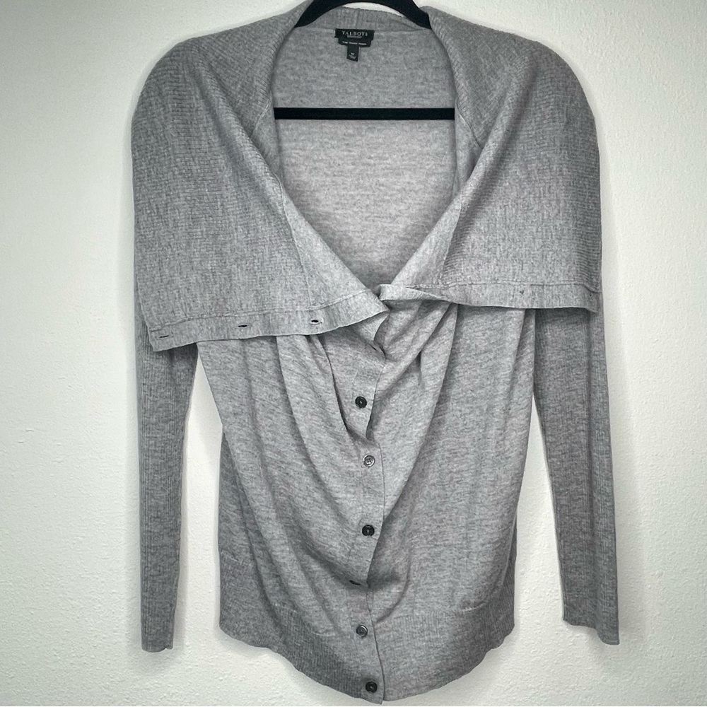 Talbots Women Gray Size M Pure Italian Merino Wool Cardigan Sweater Shawl Collar